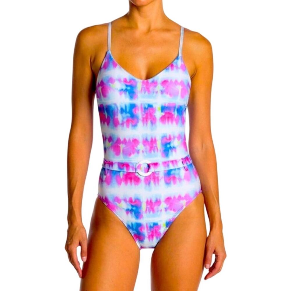 SPLENDID Sun Daze Belted One Piece Swimsuit MEDIUM Pink Blue Tie Dye NWT